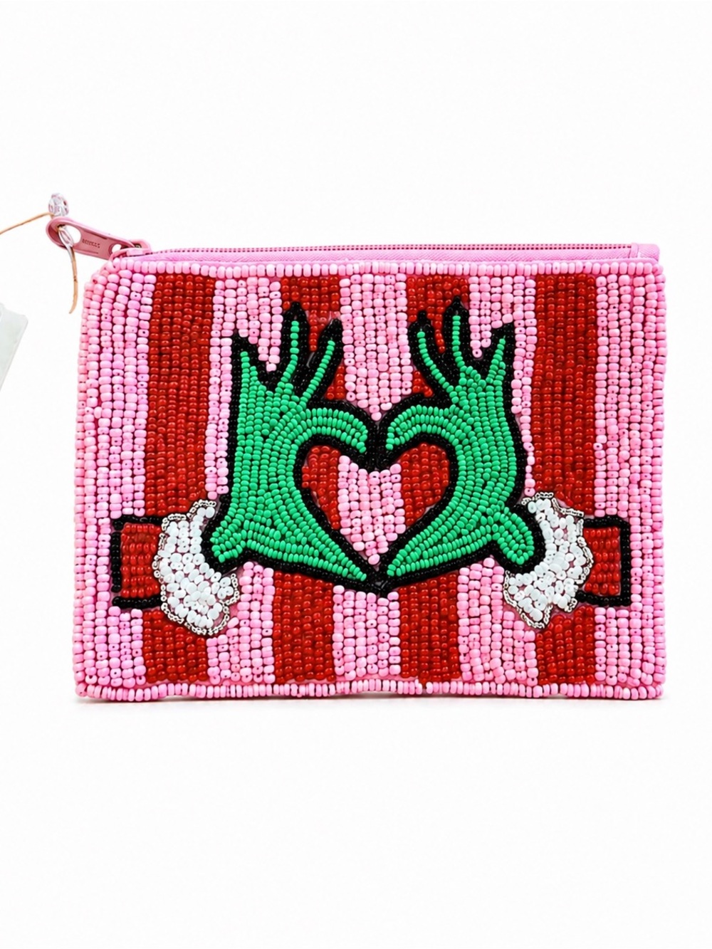 New Viola Grinch Who Stole Christmas Heart Hands Red Pink Stripe Beaded Bag